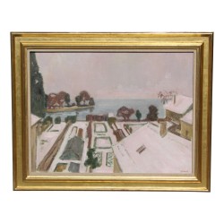 查尔斯·奇内特 (Charles Chinet，1891-1978) 的画作\"Eaux-Vives 的屋顶被白雪覆盖\"。